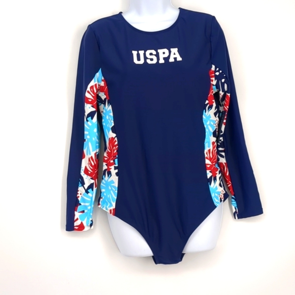 NWT U.S. Polo Association USPA Navy Leaf Backless One-Piece Swimsuit Summer